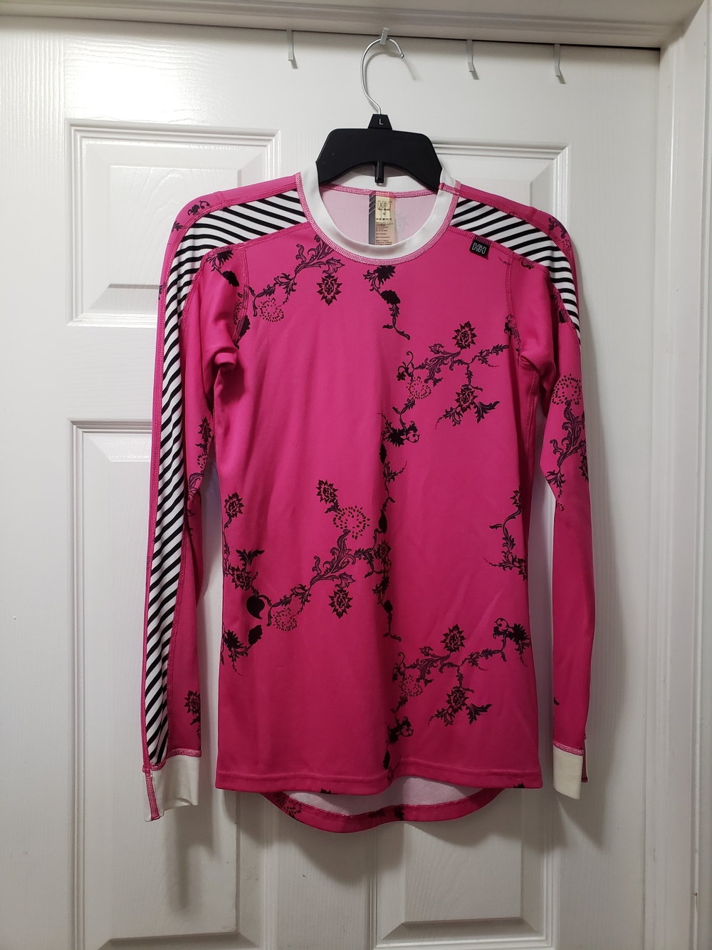 Helly Hansen Hot Pink Long Sleeve Floral Rash Guard with Black Stripe Detail
